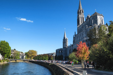 View of the basilica of Lourdes city, France