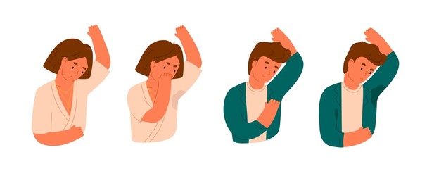 Wet armpits flat vector illustration. Smelly and sweaty stains on male and female clothes isolated on white background. Hygiene and body care concept. Sweat spots prevention, hyperhidrosis people.