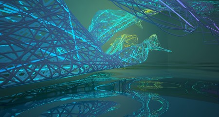 Abstract architectural smooth white interior of a minimalist wires with color gradient neon lighting and water. 3D illustration and rendering.