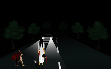 The killer in white, Right hand holding an ax, left hand carrying a person's head ,There was a man's body cut on the road. Cars stopped on the road, turn on the headlights,black background