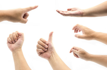 Multiple young hands and gestures set isolated on white background