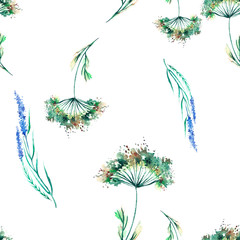 Vintage seamless watercolor pattern of plants.  Herbs, flowers, dried flowers, lavender flowers in watercolor. Abstract  paint splash. Fashionable pattern.