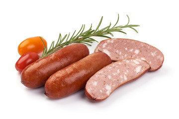 German traditional smoked sausages, isolated on white background