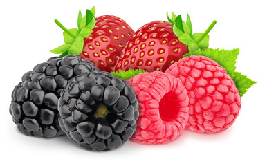 Multicolored composition with assortment of berries: strawberry, raspberry and blackberry isolated on a white background with clipping path.