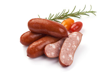 Smoked pork sausages, oktoberfest, isolated on white background