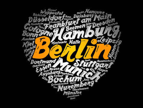 List of cities and towns in Germany composed in love sign heart shape, word cloud collage, business and travel concept background