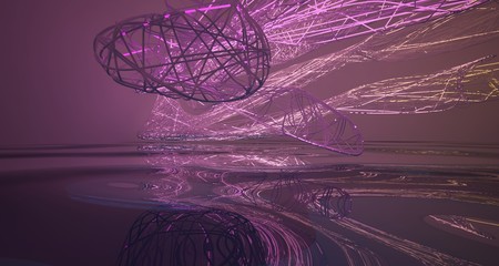 Abstract architectural smooth white interior of a minimalist wires with color gradient neon lighting and water. 3D illustration and rendering.