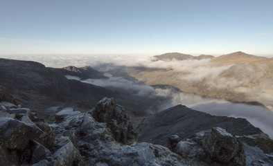 Fototapeta na wymiar Ogwen valley Snowdonia with cloud inversion fog hanging in the air