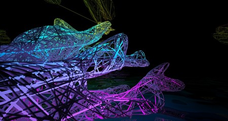 Abstract architectural smooth white  interior of a minimalist wires with color gradient neon lighting and black water. 3D illustration and rendering.