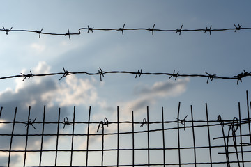 Barbed wire on background of blue cloudy sky