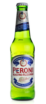 GRONINGEN, NETHERLANDS - DECEMBER 19, 2017: Bottle of Peroni Pilsener beer isolated on a white background