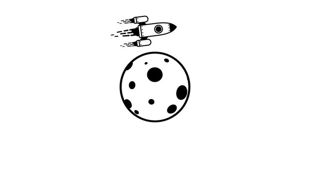 Rocket flying around planet moon. Spaceship on monn orbit. Animated icon with alpha channel.