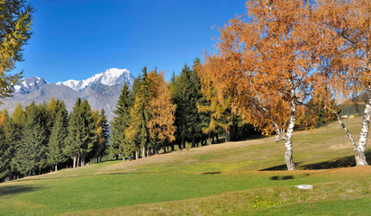 Fototapeta premium beautiful autumnal scenery in alpine mountain with white Mont-Blanc background