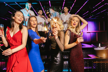 Group of friends partying in a nightclub