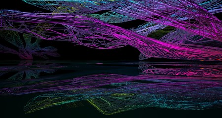 Abstract architectural smooth white  interior of a minimalist wires with color gradient neon lighting and black water. 3D illustration and rendering.