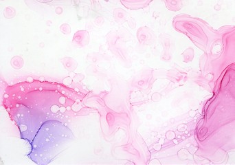Abstract illustration in alcohol ink technique. Deep pink marble texture on white background. Wash drawing effect wallpaper. Modern illustration for card design, banners, ethereal graphic design.