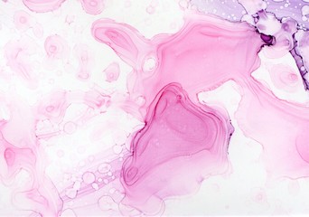 Abstract illustration in alcohol ink technique. Deep pink marble texture on white background. Wash drawing effect wallpaper. Modern illustration for card design, banners, ethereal graphic design. - 294568376