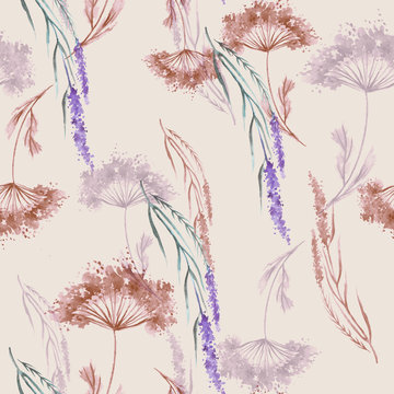 Vintage seamless watercolor pattern of plants. Herbs, flowers, dried flowers, lavender flowers in watercolor. Abstract watercolor paint splash. Fashionable pattern.