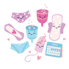 Vector illustration, set. Menstruation. Period. Feminine hygiene products. Menstrual cup. Panties, pads, cups. Menstrual protection, feminine hygiene.