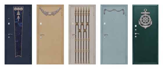 Set of models of entrance metal doors isolated on white background