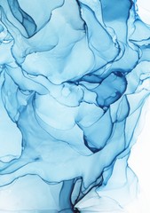 Abstract illustration in alcohol ink technique. Turquoise marble texture. Wash drawing effect wallpaper. Modern illustration for card design, creative banners, ethereal graphic design.