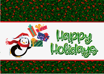 Vector Christmas greeting card with penguin and decorations, gift boxes and lettering. Holiday poster,card,banner