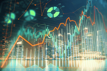 Financial chart on city scape with tall buildings background multi exposure. Analysis concept.