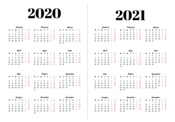 Calendar 2020, 2021 year.
