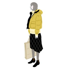 ダウンジャケットを着て買い物をしている若い女性