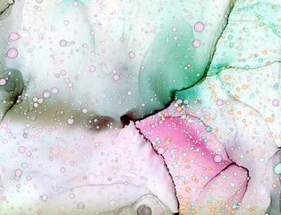 Abstract background in alcohol ink technique. Pink spots on light green and magenta marble texture. Wash drawing effect wallpaper. Modern illustration for card design and ethereal graphic design. - 294569991