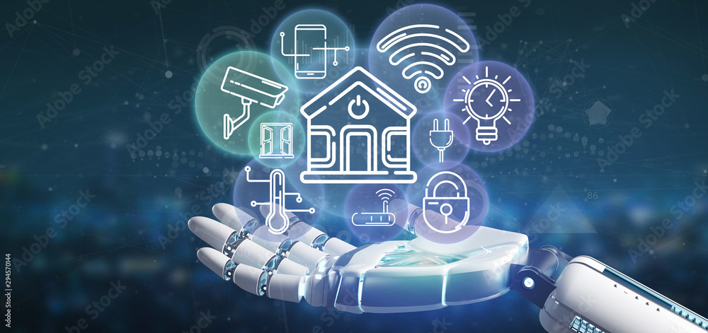 Poster cyborg holding smart home interface with icon, stats and data 3d rendering