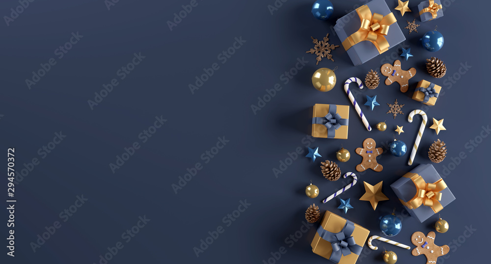 Wall mural christmas white background with christmas balls and decoration - 3d rendering