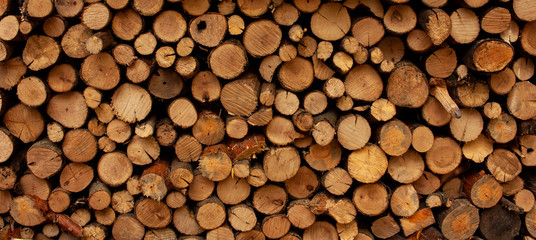 Background from round dry firewood in a pile for kindling a stove