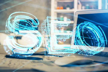 Multi exposure of table with computer and seo drawing hologram. Search optimization concept.