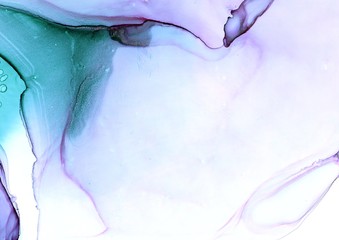 Abstract illustration in alcohol ink technique. Violet, cyan and turquoise marble texture. Wash drawing effect wallpaper. Modern illustration for card design, banners, ethereal graphic design.