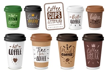 Realistic coffee disposable cups emblems set