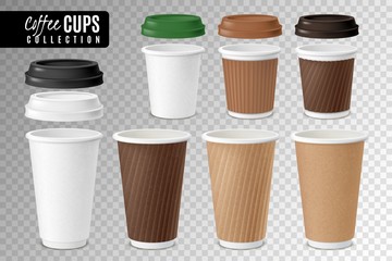 Realistic coffee disposable cups transparent set