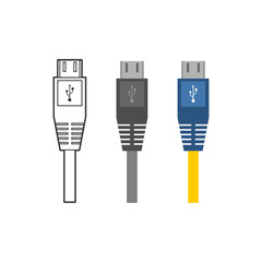 Various electronic wire connectors and inputs, jacks and plugs vector icon set. Three versions of one type of connectors - outline, monohrome and colorful