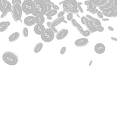 American dollar coins falling. Scattered black and