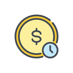 Time is money color line icon. Dollar coin with clock watch vector outline colorful sign.