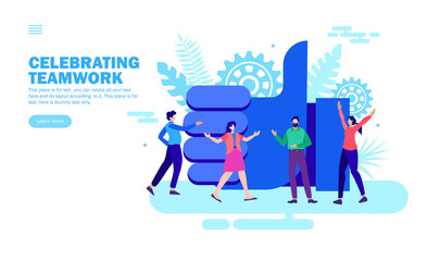 team discussing and celebrating with like hand icon happily