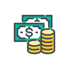 Dollar bills with stack of coins color line icon. Money investment vector outline colorful sign.