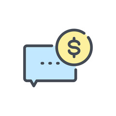 Send payment notification color line icon. Chat box with dollar coin vector outline colorful sign.