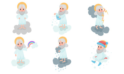 Set Of Vector Illustrations With Cartoon Gods Making Dayly Routins On White Clouds