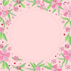 Floral frame, place for your text. Beautiful pink flowers on a pink background. Wedding style, birthday. Hand-drawn style  illustration.