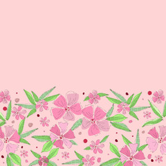 Floral pattern, place for your text. Beautiful flowers on a pink background. Wedding style, birthday. Greeting card, invitation, flyer. Hand drawn style  illustration.