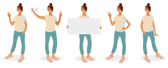 Set of poses girls with brown hair. Young woman in casual clothes standing in different poses isolated on white background. Vector illustration in flat cartoon style.
