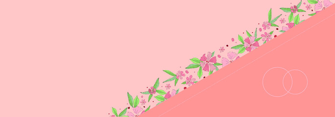 Beautiful pink flowers ornament. Wedding style, wedding rings, place for your text. Greeting card, invitation, banner. Hand drawn style illustration.