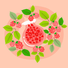 Pink jar with forest raspberry jam. Children's simple design.hand drawn illustration.