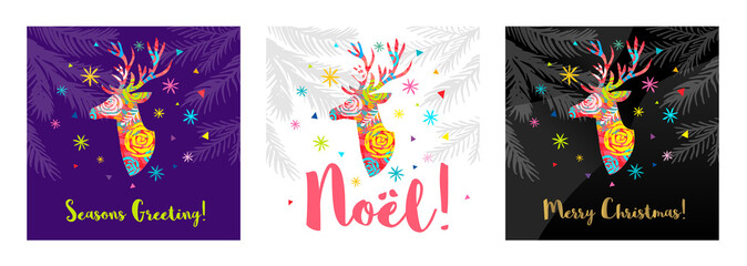 Noel lettering seasons greeting card. Merry Christmas tree branch colorful deer decor. New Year ornamental decoration snowflakes design pattern, packaging, cover, banner.
